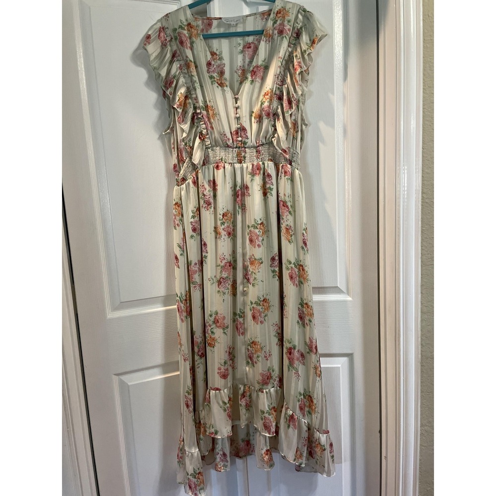 Sweet Lemon Dress Womens 2X Ivory Floral Tiered Ruffle Maxi V Neck Smocked Lined